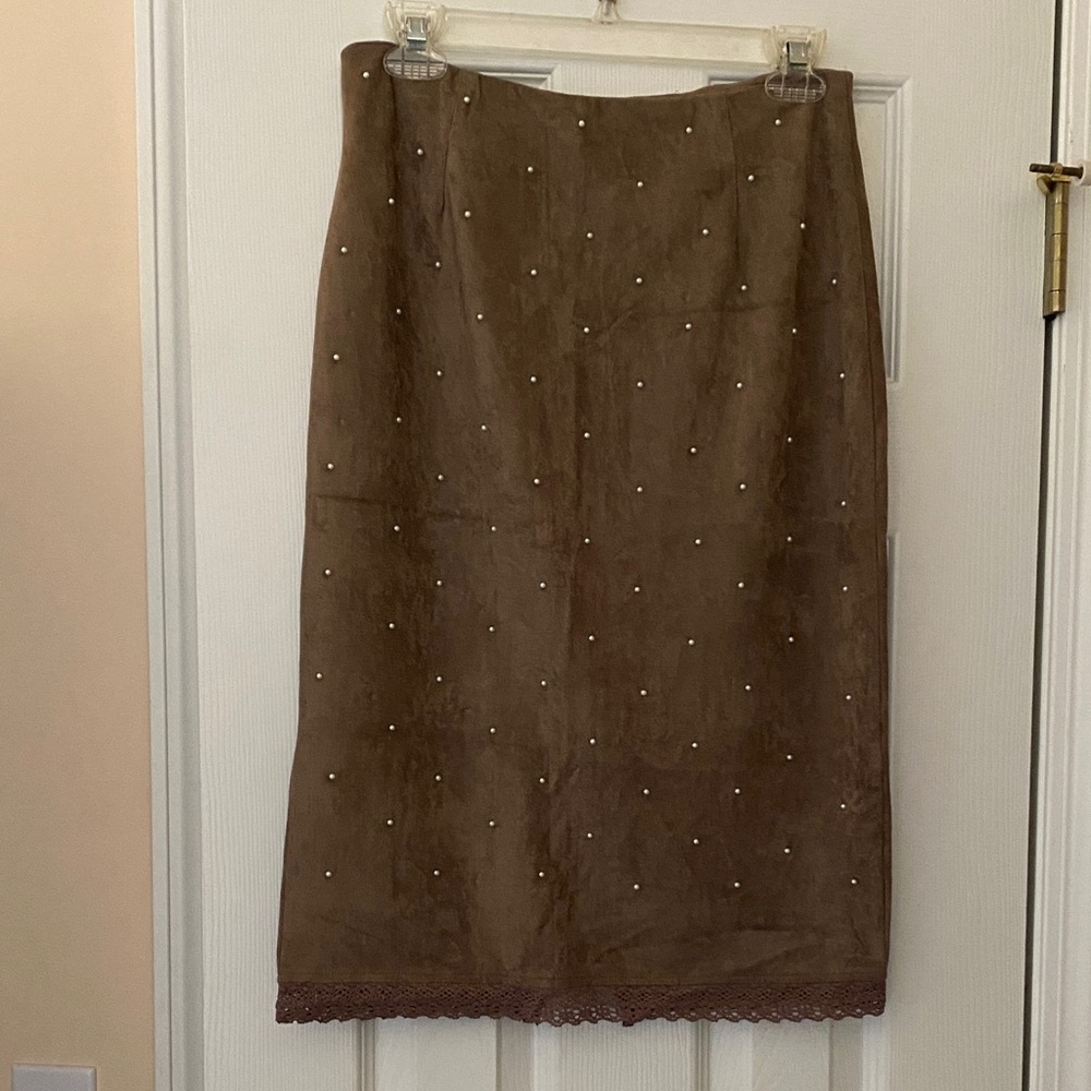 Mustard Seed Brown Faux Suede Skirt with Pearl Accents and Lace Trim